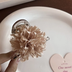 Eleganter beigefarbener Blumen-Haarclip mit Chiffonblüten auf einem Porzellanteller