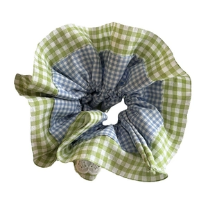 Mint sea salt checkered scrunchie with lace trim for elegant ponytail hairstyles