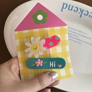 Gros plan de pinces à cheveux cartoon avec fleurs et texte 'Hi' sur carte à carreaux