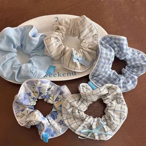Scrunchies Serie Blu Stile Balletto Floreali Plaid Fiocco Elastici per Capelli per Donna Ragazze Accessori Capelli in Tessuto Fatti a Mano