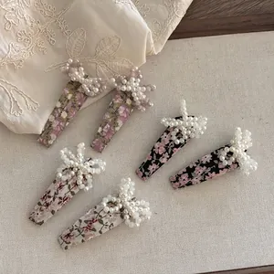 French Vintage Floral Fabric Beaded Hair Clip With Artificial Pearls Handmade Flower Duckbill Clip For Women Daily Fashion