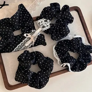 French Vintage Polka Dot Scrunchie With Lace Edge Ribbon Bow Large Hair Tie Faux Artificial Pearl Hair Accessory For Women Girls