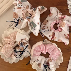 Korean Style Floral Bear Fabric Scrunchie With Lace Trim And Bowknot Cute Vintage Hair Tie For Women Girls Hair Accessories