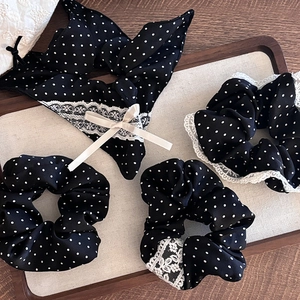 Polka dot lace scrunchies and bandana hair accessory set in vintage French style