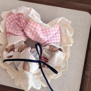 Cute cartoon bear floral hair scrunchie with lace trim and blue ribbon bow detail