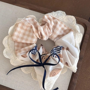 Cute cartoon bear floral scrunchie with lace edge and blue ribbon bow accessory