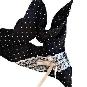 Lace scrunchie with black polka dots and a white satin ribbon bow for women hair
