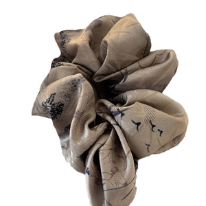 Elegant ink painting scrunchie in bronze silk fabric with black bird and tree patterns