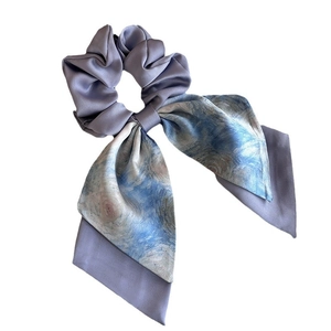 Elegant Monet water lily print lavender satin scrunchie with long ribbon tie for hair