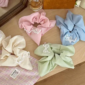 French Style Large Fabric Scrunchies With Lace Bow Detail Elegant Pleated Hair Ties Fashionable Headwear For Women Daily Accessory