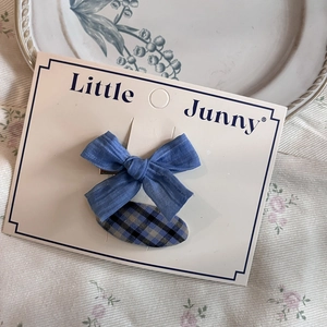 Close-up of blue plaid bow and oval hair clips set on a decorative display card