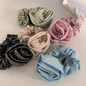Large Fabric Rose Flower Scrunchies Shiny Glitter Pleated Hair Ties Vintage Elegant Floral Elastic Ponytail Holders For Women