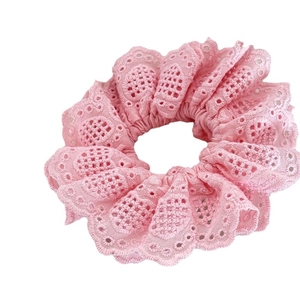 Pink lace scrunchie with handmade floral embroidery and ruffled edge for women