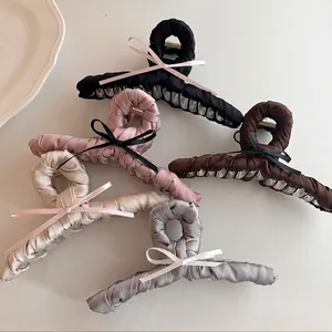 Elegant Satin Bow Large Hair Claws For Women Fabric Wrapped Shark Clips French Vintage Style Hairpins Hair Accessories