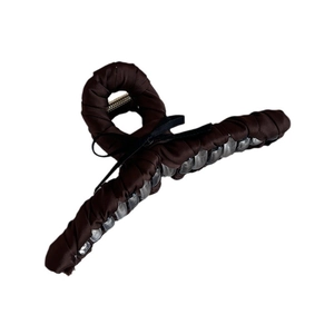 Large dark brown satin ribbon hair claw clip with bow decoration on white background