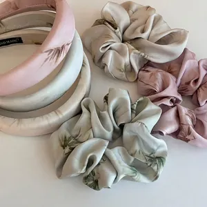 Women Fashion Pink Green Ink Marble Print Scrunchie Satin Fabric Padded Sponge Headband Elegant Hair Accessories For Daily Use
