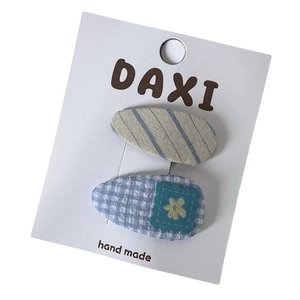 Blue plaid heart BB hair clips set with handmade fabric bow for girls and women