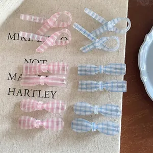8-piece cute plaid bow hair clips set in pink and blue resin for girls and women