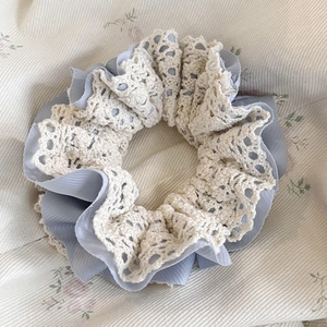 Double-layered lace scrunchie in light blue and beige with high elasticity for women