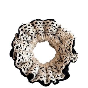 Double-layered lace scrunchie in white and black with crochet texture and high elasticity