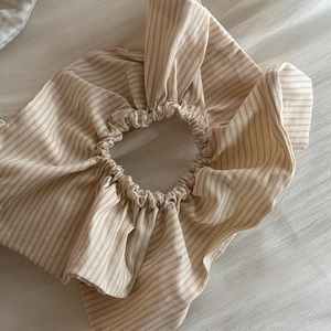 Chouchou à carreaux style français avec rayures beige, grand élastique plissé femme