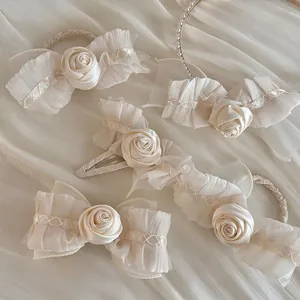 French Vintage Satin Rose Flower Hair Clip Mesh Bowknot Elegant Creamy White Hair Accessories For Wedding Party Women