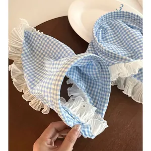 Fascia per capelli a quadretti blu e bianchi con pizzo plissettato in stile francese