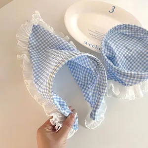 Fascia per capelli a quadretti blu e bianchi con pizzo bianco in stile pastorale francese