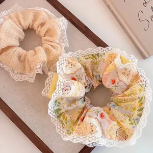 Sweet Lace Edge Scrunchie Floral Cat Print Fabric Knitted Hair Tie Korean Style Ponytail Accessory For Women Girls