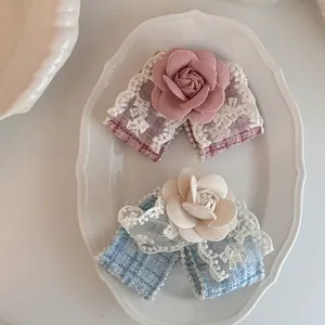Lace camellia flower hair clips with tweed fabric and pearl details in French style