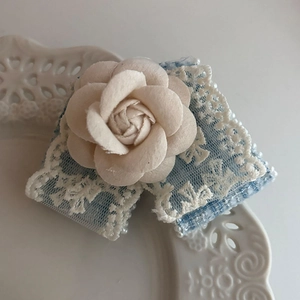 French vintage lace camellia hair clip in cream and light blue floral fabric design