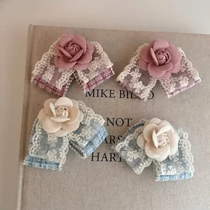 French Vintage Lace Camellia Flower Hair Clip For Women Handmade Bow Duckbill Clip With Imitation Artificial Pearl Hair Accessory