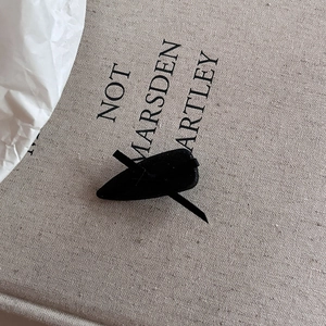 Close-up of a matte black leaf-shaped hair clip on a textured fabric book cover