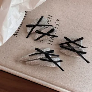 Elegant Silver Glitter Ribbon Bow Hair Clip For Women Geometric Fabric Alloy Hairpin Princess Headwear Handmade Accessories