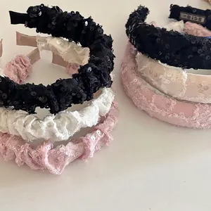 Elegant Fabric Sequin Pleated Headband For Women Frayed Edge Padded Hair Hoop Shiny Hairband Accessories For Daily Party Decoration