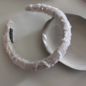 Elegant white sequined headband with textured tweed and embroidery for women