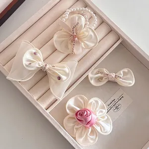 Barrette à Cheveux Douce Française Rose Nœud Élégante Satin Maille Künstliche Perle Strass Pince Bec de Canard Accessoires Cheveux