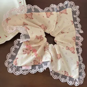 Women Korean Style Oversized Satin Scrunchie With Lace Trim Sweet Floral Bear Print Bow Artificial Pearl Hair Tie Accessories