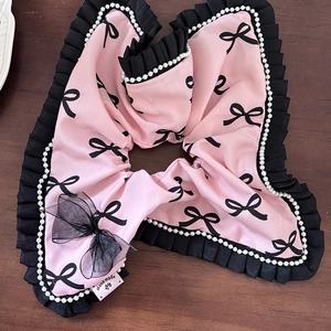 Pink satin floral scrunchie with black lace ruffles and pearl beads decoration