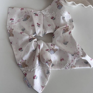 Lace floral scrunchie with satin ribbon featuring pink cherry and bear patterns