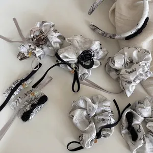 New Chinese ink style hair accessory set with silk ribbon scrunchie and claw clip