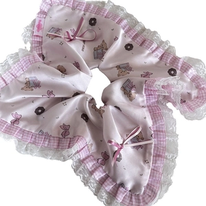 Pink satin scrunchie with cute bear prints, checkered ruffles, and white floral lace trim