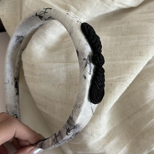 New Chinese style ink floral headband with traditional black knot on beige linen fabric