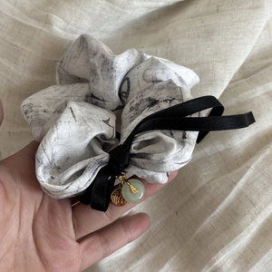 New Chinese ink style silk scrunchie with bow tie and gold fu pendant hair accessory