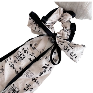 Ink wash style bow scrunchie with long ribbons and elegant Chinese calligraphy prints