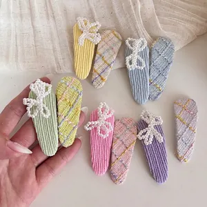 Plaid and corduroy hair clip set with pearl bows for girls in pastel macaron colors