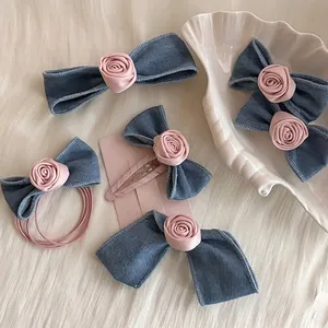 Pince à Cheveux Nœud en Denim Rose Douce Tissu Bleu Ruban Rose Fleur Fait Main Accessoire de Trajet Quotidien pour Femmes