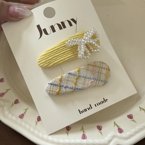 Plaid and pearl bow hair clip set for girls, yellow fabric and colorful checkered design