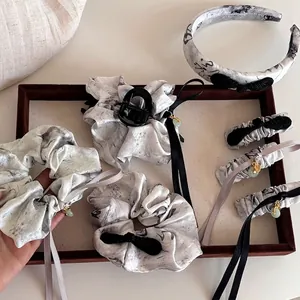 New Chinese Style Ink Wash Satin Bow Hair Clip Scrunchie Ribbon Headband With Faux Jade Pendant Vintage Women Hair Accessory