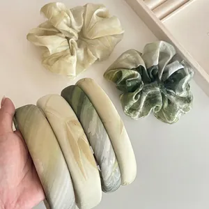 Green marble pattern headband and scrunchie set with vintage silk texture fabric